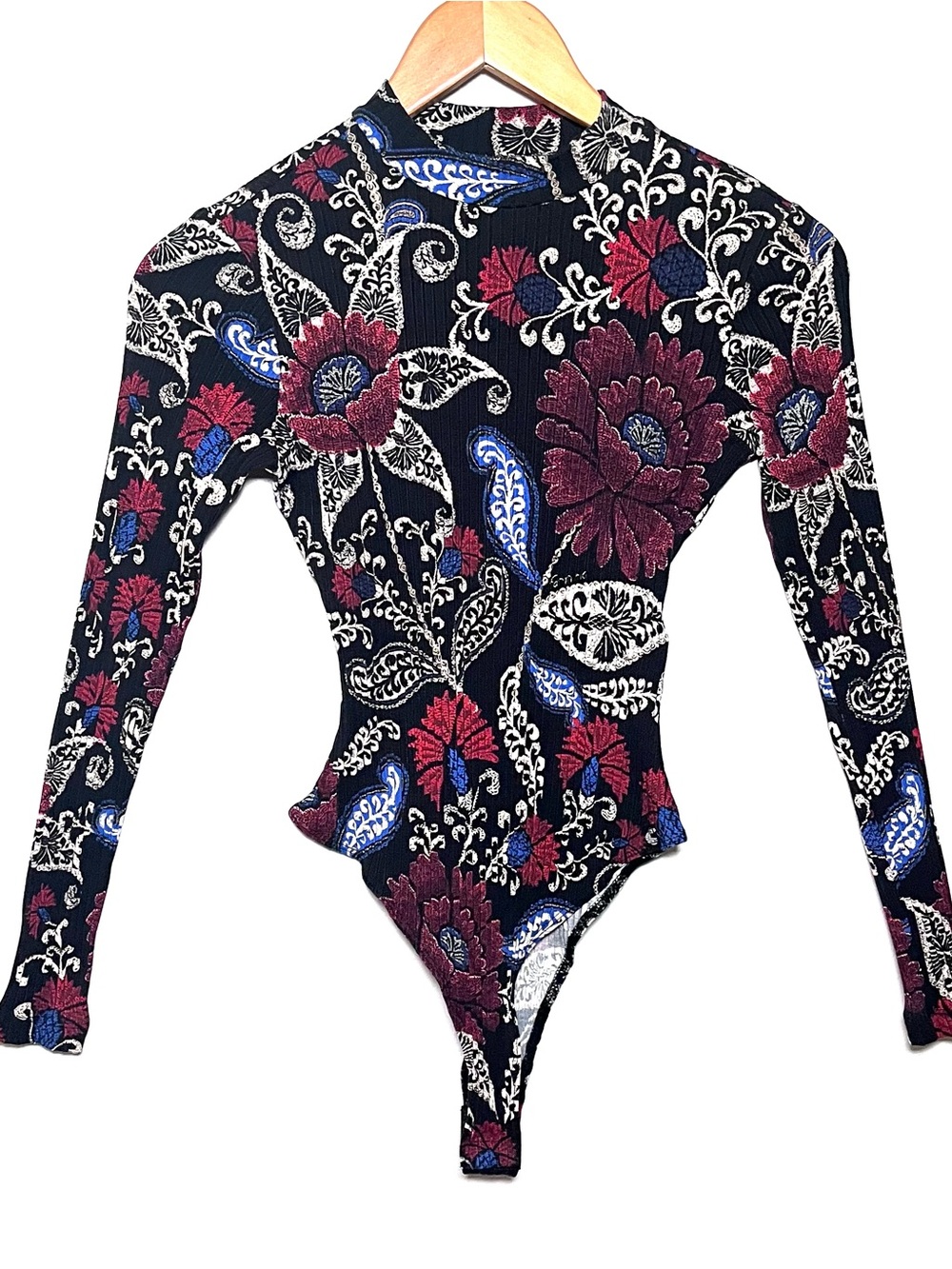 Farm Rio Black Valentina High Neck Long Sleeve Jersey Bodysuit Size XS Floral